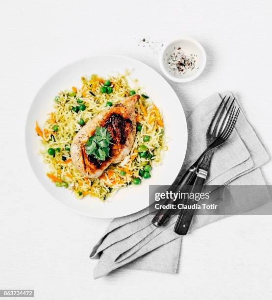 roasted chicken breast with rice - coriandre fond blanc photos et images de collection