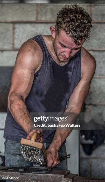 blacksmiths working in forge - worker sweating stock pictures, royalty-free photos & images