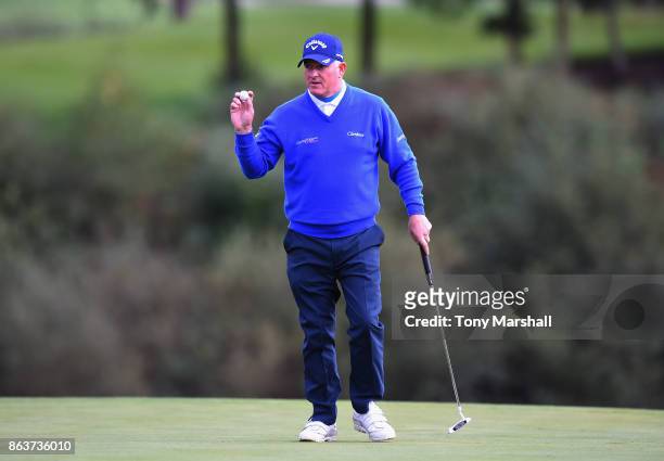 Peter Baker of England finishes his round on the 18th green during Day One of the Farmfoods European Senior Masters at Forest Of Arden Marriott Hotel...