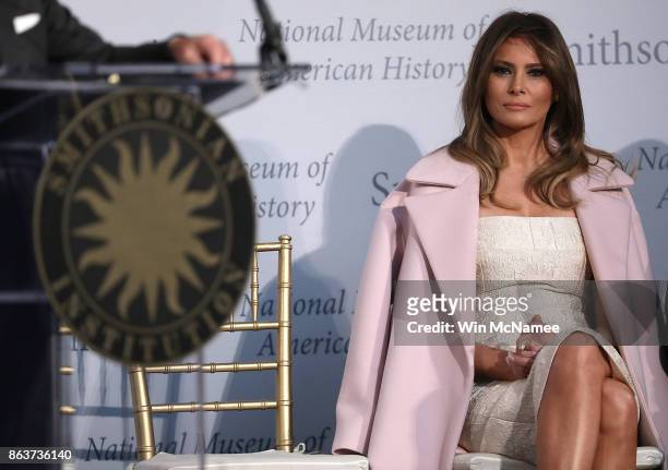 First lady Melania Trump attends an event at the Smithsonian National Museum of American History where the first lady donated her inaugural gown to...