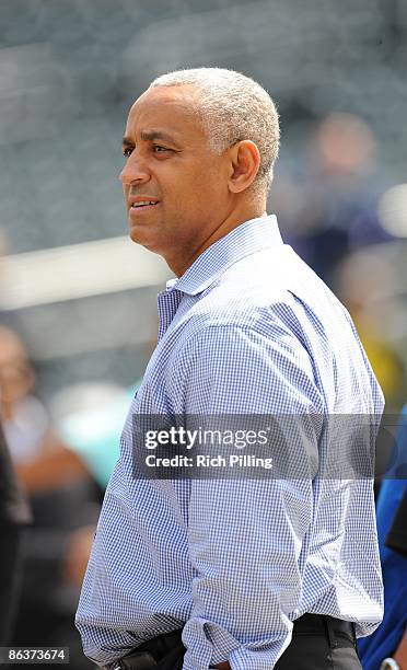 Omar Minaya, General Manager of the New York Mets prior to the game against the Florida Marlins at Citi Field in Flushing, New York on April 29,...
