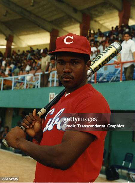 Omar Linares, star third baseman for the Cuban national team, readies for an at bat in Estadio Latinoamericano in Havana in 1992.