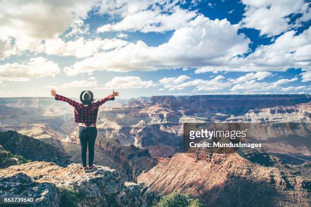 mulher jovem, com vista para o grand canyon - grand canyon - fotografias e filmes do acervo