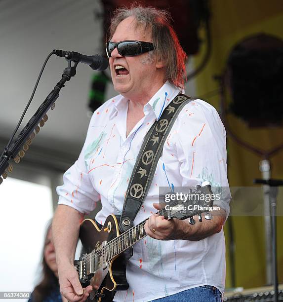 Vocalist/Guitarist Neil Young performs on Day 4 of the 2nd Weekend of the 40th Annual New Orleans Jazz & Heritage Festival Presented by Shell at the...