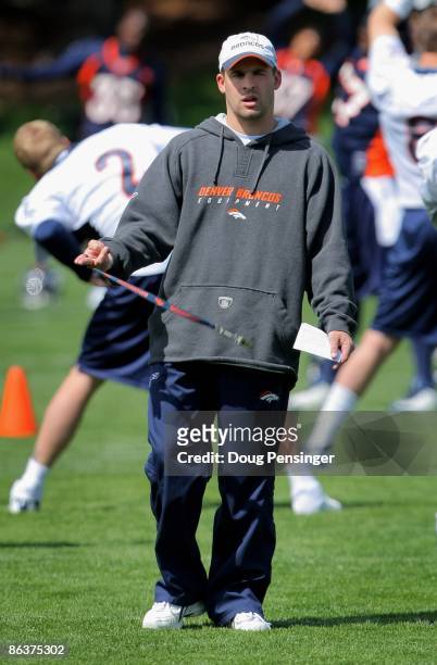 Head coach Josh McDaniels of the Denver Broncos oversees practice during minicamp at the Broncos training facility on May 3, 2009 in Englewood,...