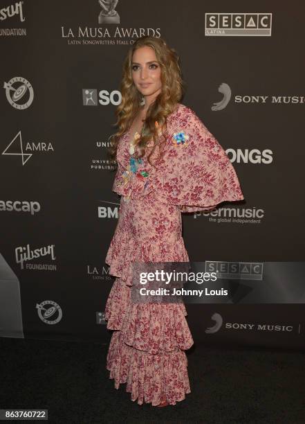 Mirella Cesa attends the black carpet of The MUSA Awards, Latin Songwriters Hall of Fame at James L Knight Center on October 19, 2017 in Miami,...