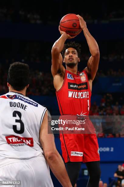 Jean-Pierre Tokoto of the Wildcats takes a shot during the round three NBL match between the Perth Wildcats and Melbourne United at Perth Arena on...