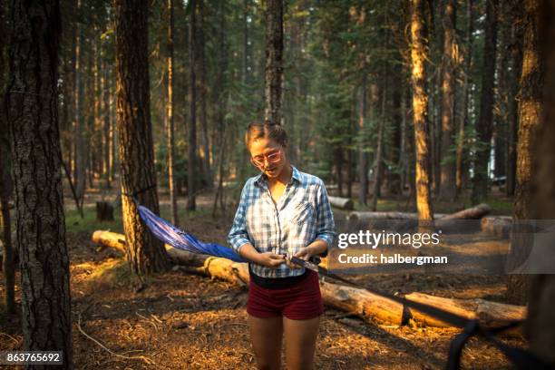 mujer colocación de hamaca que acampa - bosque nacional de umpqua fotografías e imágenes de stock