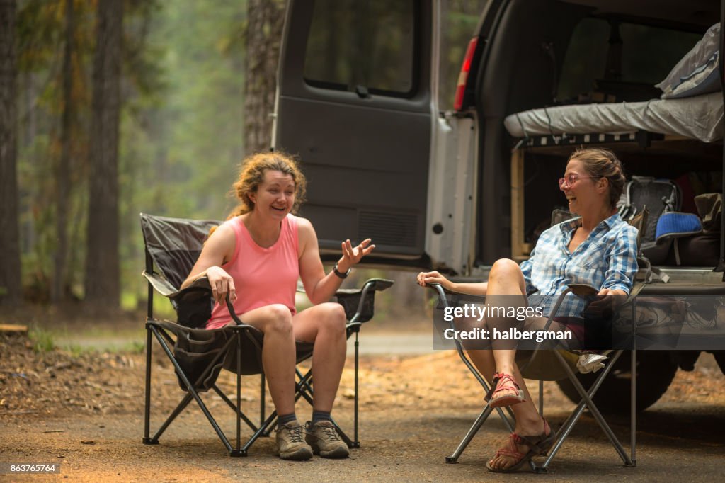 Two Woman Camping in Oregon Woods