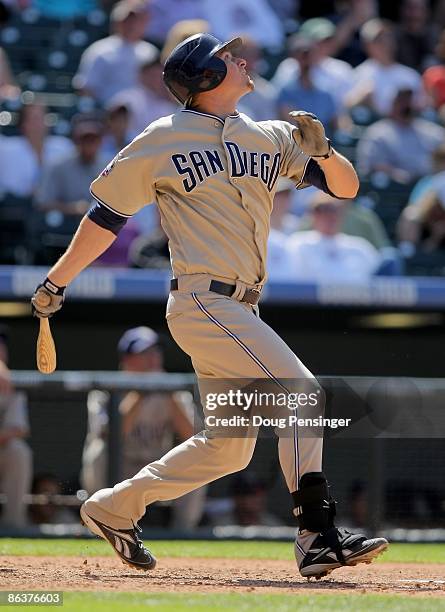 Chase Headley of the San Diego Padres takes an at bat against the Colorado Rockies during MLB action at Coors Field on April 29, 2009 in Denver,...