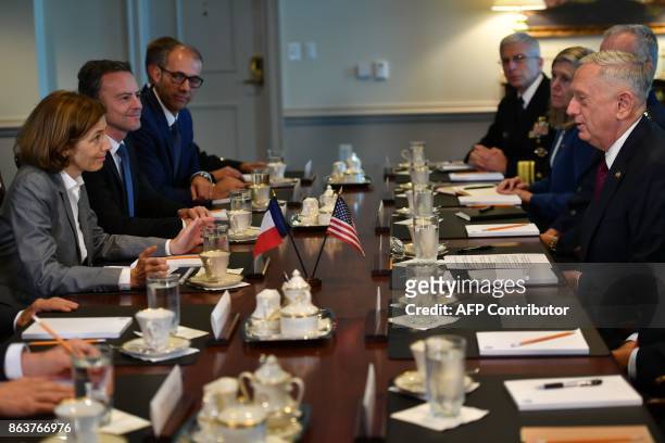Secretary of Defense Jim Mattis hosts Florence Parly, minister for the Armed Forces, France, to the Pentagon for a meeting on October 20, 2017 in...