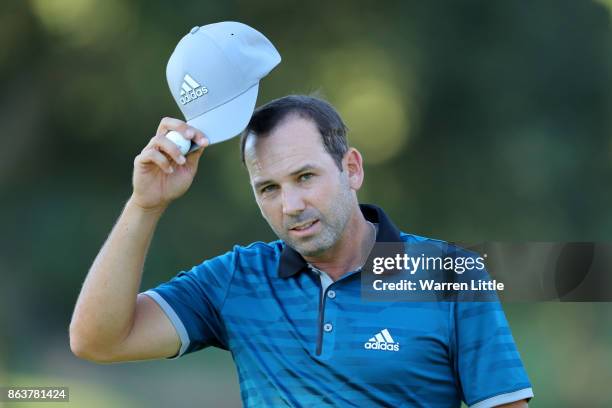 Sergio Garcia of Spain acknowledges the crowd on the 18th green during day two of the Andalucia Valderrama Masters at Real Club Valderrama on October...