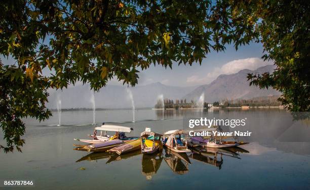 Shikara boats are moored at Dal lake on October 20, 2017 in Srinagar, the summer capital of Indian administered Kashmir, India. Kashmir the Muslim...