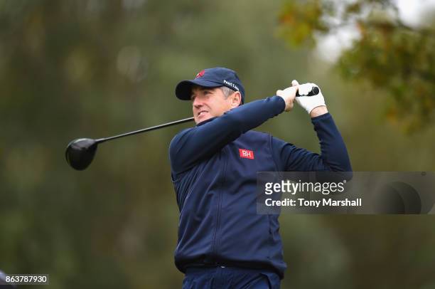 Stephen McAllister of Scotland plays his first shot on the 7th tee during Day One of the Farmfoods European Senior Masters at Forest Of Arden...