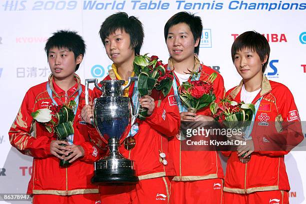 Silver medalist Guo Yue of China, gold medalist Zhang Yining of China, bronze medalists Li Xiaoxia of China and Liu Shiwen of China pose for...