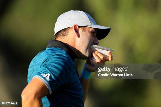 Sergio Garcia of Spain walks off the 18th green during day two of the Andalucia Valderrama Masters at Real Club Valderrama on October 20, 2017 in...