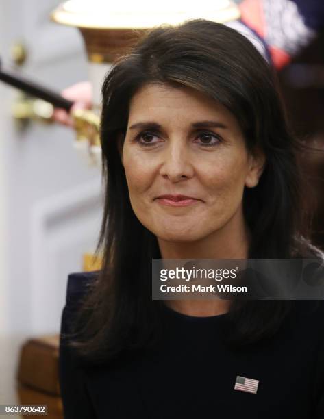 Nikki Haley, US Ambassador to the United Nations, attends a meeting with President Donald Trump and UN Secretary General António Guterres in the Oval...
