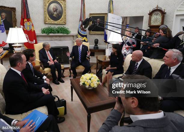 President Donald Trump talks with UN Secretary General António Guterres during a meeting in the Oval office at the White House on October 20, 2017 in...