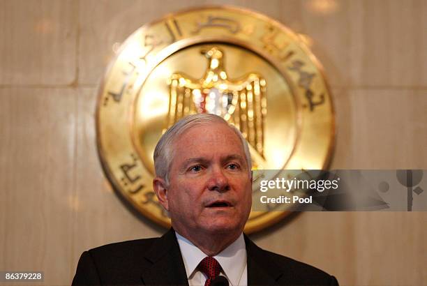 Secretary of Defence Robert Gates attends a press conference at the Presidential Palace following his meeting with Egyptian President Hosni Mubarak...