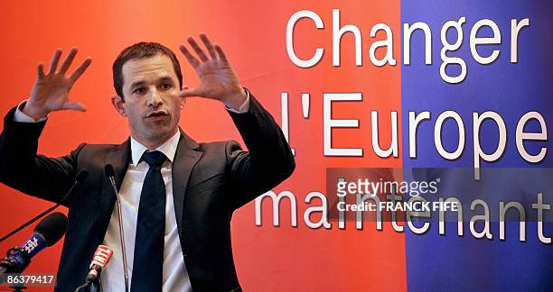French socialist Party's spokesman Benoit Hamon gestures as he delivers a speech during a press conference, on May 5 in Paris, as French president...