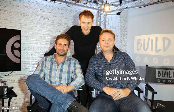 Actors Edward Holcroft, Robert Emms and Shaun Dooley from BBC Drama 'Gunpowder' pose for a photo during a panel discussion at BUILD London on October...