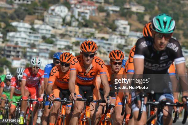 Members of CCC Sprandi Polkowice Team, a UCI Professional Continental cycling team based in Poland, during the second stage - the 206km Turkish...