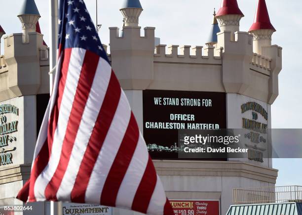Casino marquee displays support for Las Vegas Metropolitan Police Department Officer Charleston Hartfield during a motorcade on the Las Vegas Strip...