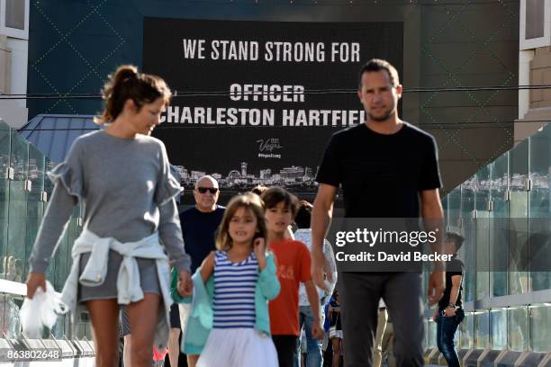 Casino marquee displays support for Las Vegas Metropolitan Police Department Officer Charleston Hartfield during a motorcade on the Las Vegas Strip...