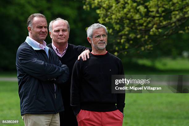 Karl-Heinz Rummenigge, CEO of Bayern Muenchen, Uli Hoeness, manager of Bayern Muenchen, and Gerd Mueller attend a Deutsche Telekom LPS Commercial on...