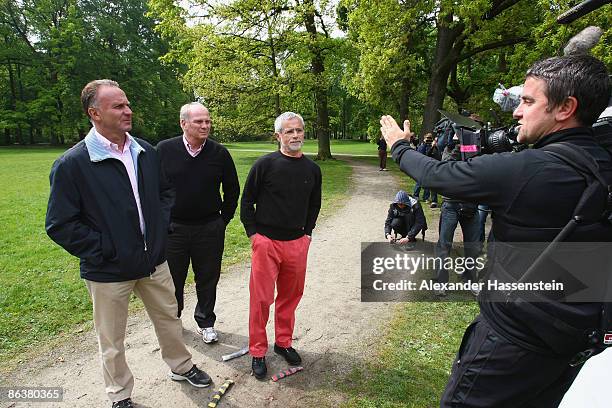 Uli Hoeness , manager of Bayern Muenchen, Karl-Heinz Rummenigge CEO of Bayern Muenchen and Gerd Mueller attend a Deutsche Telekom LPS Commercial on...