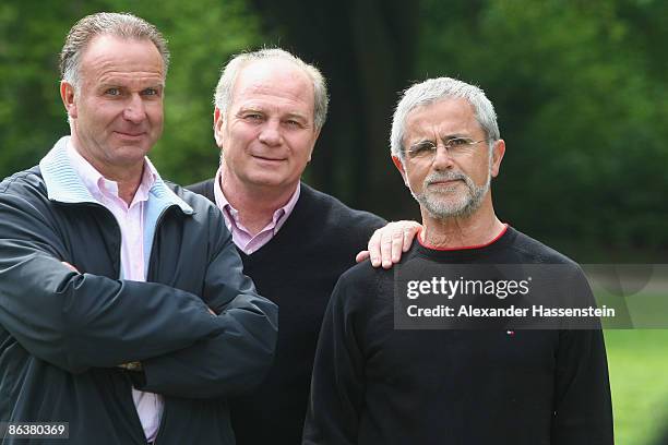 Uli Hoeness , manager of Bayern Muenchen, Karl-Heinz Rummenigge CEO of Bayern Muenchen and Gerd Mueller attend a Deutsche Telekom LPS Commercial on...