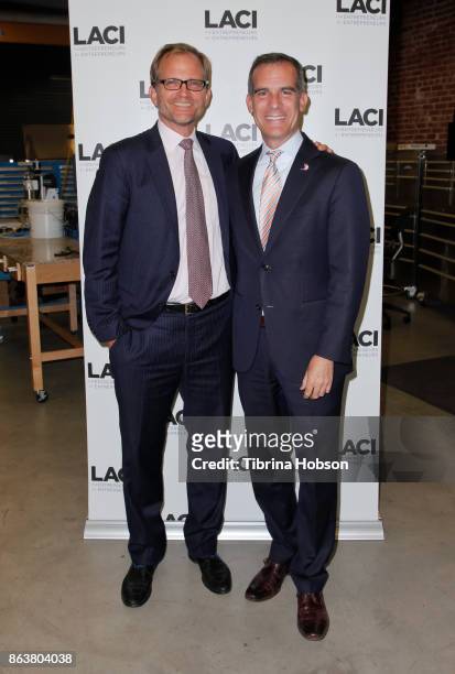 Matt Petersen and Mayor Eric Garcetti attend the Los Angeles Cleantech Incubator celebration of new CEO Matt Petersen on October 19, 2017 in Los...