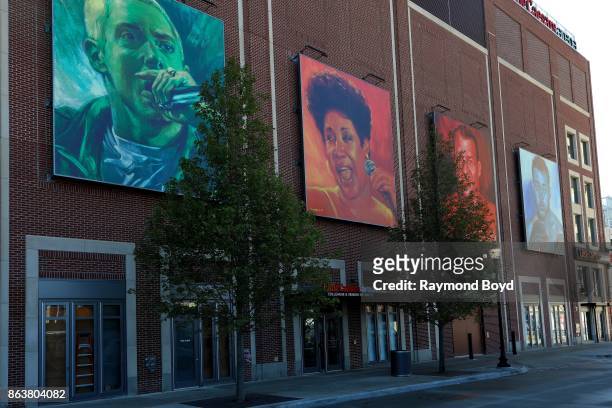 Don Kilpatrick's murals of rapper Eminem, singer Aretha Franklin, former hockey player Gordie Howe and former boxer Joe Louis hangs outside Little...