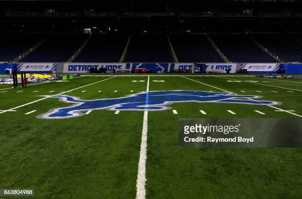 Detroit Lions logo at mid-field at Ford Field, home of the Detroit Lions football team in Detroit, Michigan on October 12, 2017.