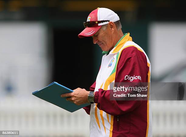 John Dyson the West Indies takes notes during the West Indies nets session at Lords on May 5, 2009 in London, England.