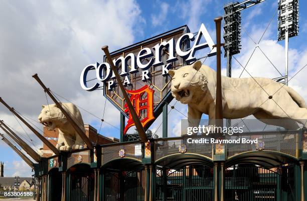 Tiger statues at Comerica Park, home of the Detroit Tigers baseball team in Detroit, Michigan on October 13, 2017.