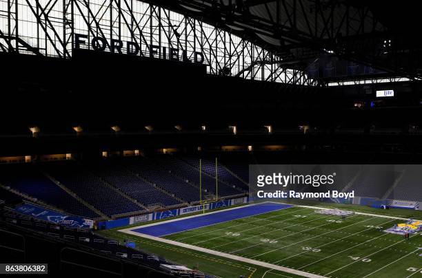 Detroit Lions playing field at Ford Field, home of the Detroit Lions football team in Detroit, Michigan on October 12, 2017.