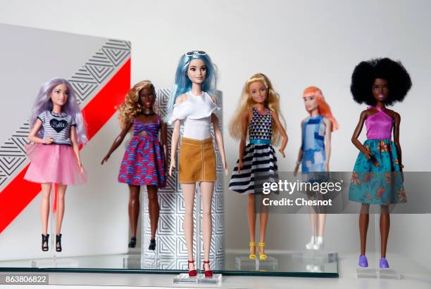 Barbie dolls from the 2017 "Barbie Fashionistas" collection are displayed during an exhibition at Hotel Le Moliere on October 20, 2017 in Paris,...