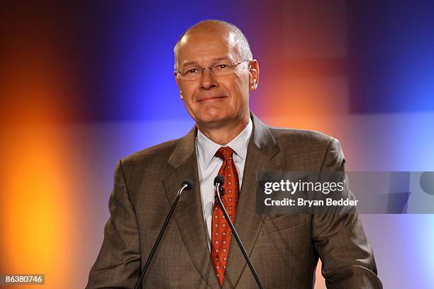 Co-host of CBS "The Early Show" Harry Smith speaks ontage at the American Theatre Wing's 2009 Tony Award nominations at The New York Public Library...