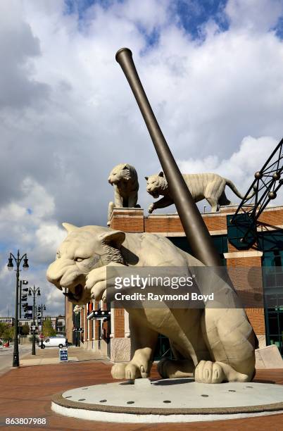 Tiger statues at Comerica Park, home of the Detroit Tigers baseball team in Detroit, Michigan on October 13, 2017.