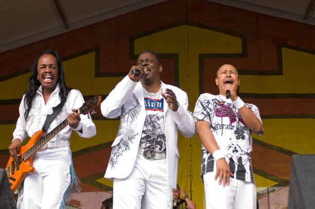 Verdine White, Philip Bailey and Ralph Johnson of Earth Wind and Fire perform on stage at the New Orleans Jazz & Heritage Festival on April 26, 2009...
