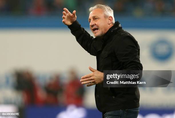 Head coach Pavel Dotchev of Rostock gestures during the third league match between FC Hansa Rostock and VfL Osnabrueck at Ostseestadion on October...