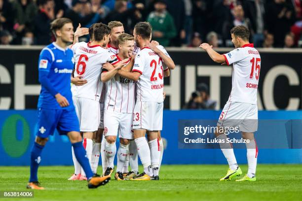 Players of Duesseldorf celebrate their win after the Second Bundesliga match between Fortuna Duesseldorf and SV Darmstadt 98 at Esprit-Arena on...