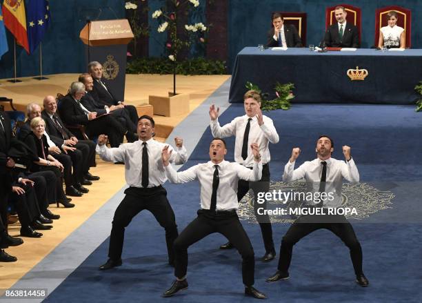 New Zealand All Blacks rugby players Keven Mealamu, Israel Dagg, Jordie Barrett and Conrad Smith perform the haka after receiving the 2017 Princess...