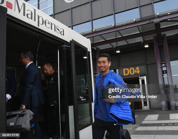 Yuto Nagatomo of FC Internazionale departs to Naples on October 20, 2017 in Milan, Italy.