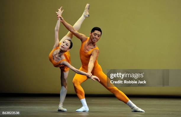 Momoko Hirata and Tzu-Chao Chou in the Royal Ballet's production of Kenneth MacMillan's Concerto at The Royal Opera House on October 18, 2017 in...