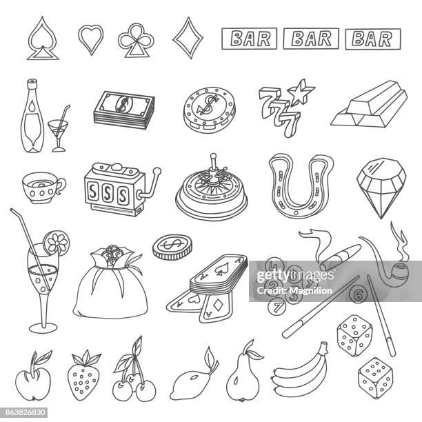 stockillustraties, clipart, cartoons en iconen met casino elementen doodles instellen - roulettewiel