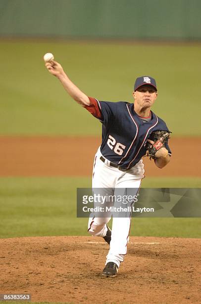 Logan Kensing of the Washington Nationals pitches during a baseball game against the St. Louis Cardinals on April 30, 2009 at Nationals Park in...