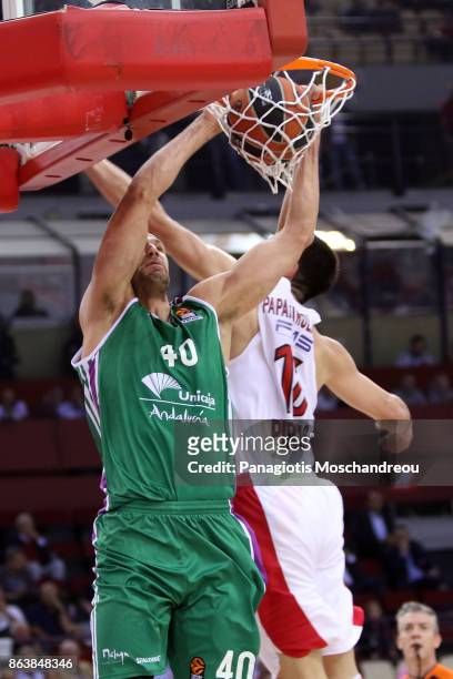 James Augustine, #40 of Unicaja Malaga in action during the 2017/2018 Turkish Airlines EuroLeague Regular Season Round 2 game between Olympiacos...
