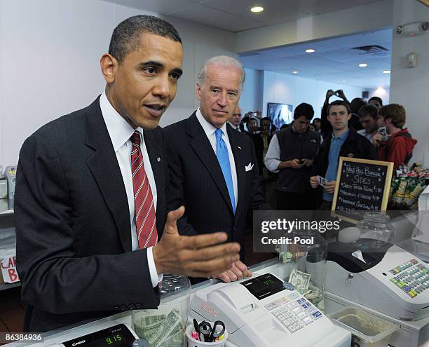 President Barack Obama and U.S. Vice President Joe Biden order lunch at Ray's Hell Burger May 5, 2009 in Arlington, Virginia. Obama and Biden made an...